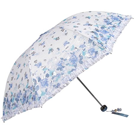 New Arrival Folding Travel Sun Umbrella Lady's Parasol Sunblock UV Protection UPF 50  Compact Size with Black Underside Keep you Cooler in Hot Summer! (Blue)