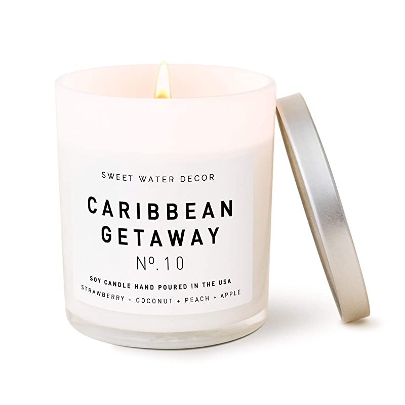 Sweet Water Decor Caribbean Getaway Candle | Strawberry, Coconut, Peach, and Vanilla Tropical Scented Soy Wax Candle for Home | 9oz White Glass Jar, 40 Hour Burn Time, Made in the USA