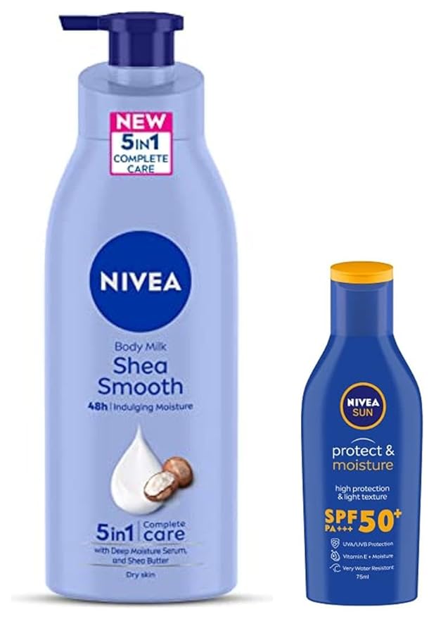 NIVEA Body Lotion for Dry Skin, Shea Smooth, with Shea Butter, For Men & Women, 400 ml & NIVEA Sun Lotion, SPF 50, with UVA & UVB Protection, Water Resistant Sunscreen for Men & Women, 75 ml