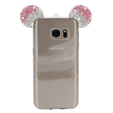 Samsung Galaxy S7 Case, MC Fashion Sparkle 3D Mickey Mouse Bling Bling Crystal Rhinestone Ears Clear TPU Rubber Case with Removable Strap for Samsung Galaxy S7 (Pink)