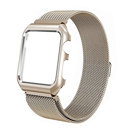 For Apple Watch Band 42mm/38mm Upgraded Stainless Steel Magnetic iwatchband with Metal Case for Apple Watch Series 3 Series 2 Series 1 Protective Bumper Replacement Strap
