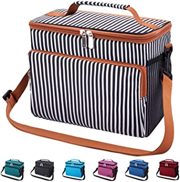 Leakproof Reusable Insulated Cooler Lunch Bag - Office Work School Picnic Hiking Beach Lunch Box Organizer with Adjustable Shoulder Strap for Women,Men and Kids-White Stripe