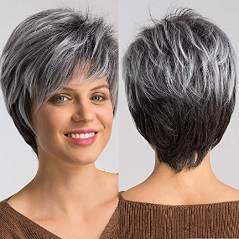 JYS High 8 Inch Temperature Silk Gradient Short Straight Hair│Rose Net Wig│Fashionable Wig, Look Natural, Real, Very Beautiful, Very Feminine, Soft Touch. (Gray)
