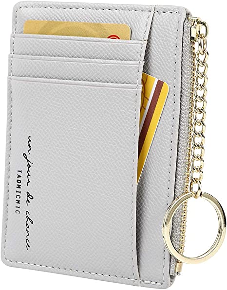 Women's 8 Cards Slim Minimalist Card Holder Coin Change Purse Keychain Front Pocket Wallet, Grey