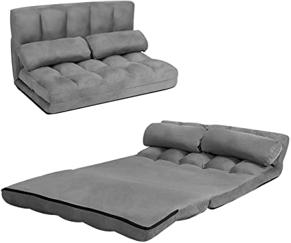 COSTWAY Double Folding Sofa Bed, 6-Position Adjustable Lounger Sleeper Seat Chair with 2 Pillows, Home Office Living Room Bedroom Floor Lazy Sofa Bed (Grey)