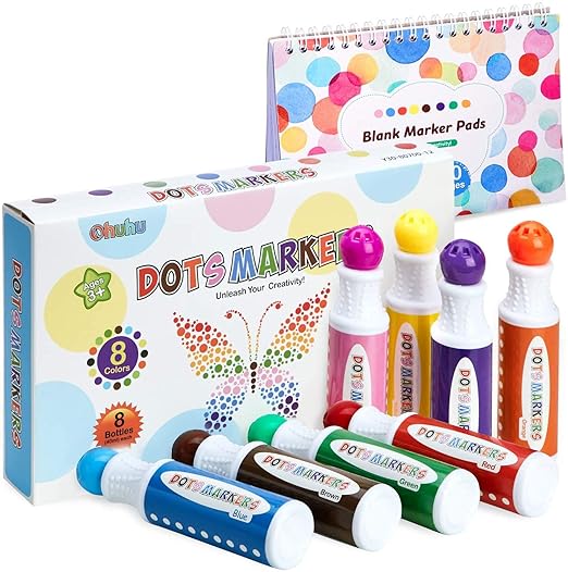 Ohuhu Washable Dot Markers Kit, 8 Colors Paint Marker (40 ml, 1.41 oz.) with a Blank 30 Pages Marker Pad, Water-Based Non-Toxic Bingo Daubers for Kids Children (3 Ages  ), Dot Art Markers