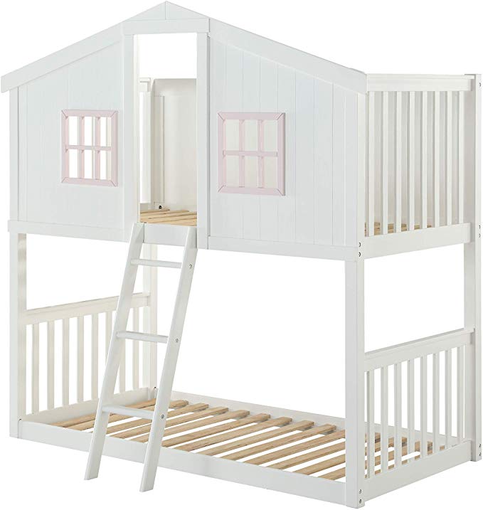 ACME Furniture Rohan Cottage Twin Bunk Bed, White & Pink