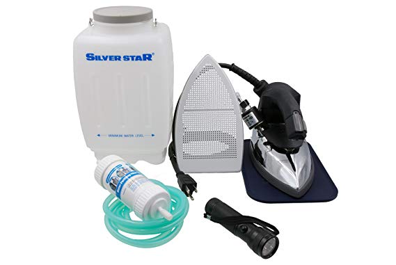 Silver Star Bottle Steam Iron ES-90 Gravity Feed Steam Iron - Complete Kit Ironing System Includes Non-Stick Laminate Sole Plate and Demineralizer (Includes LED Flashlight)