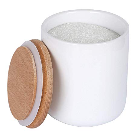 White Ceramic Canister Jar Container For Food Storage with Wood Lid,Kitchen Canister,Sugar Container Salt and Pepper Canister Coffee Tea Jar,17 floz,1-Piece