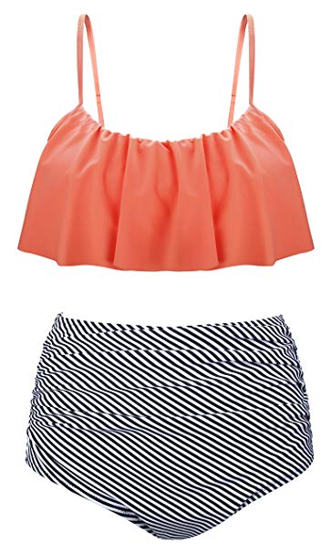 Newbely Women's Vintage Ruched High Waisted Bathing Suit Plus Szie Bikini