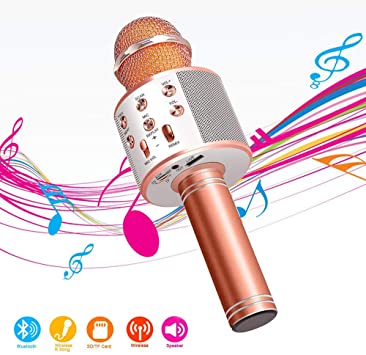 Wireless Bluetooth Karaoke Microphone,4 in 1 Portable Handheld Mic Speaker for Company Meeting Kids Home KTV Party,Compatible with Android & iOS，Perfect Birthday & Christmas Gift(Rose Gold)