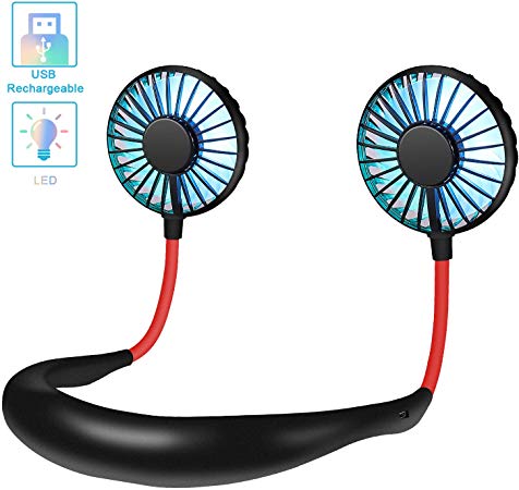 Hand Free USB Personal Fan Rechargeable Mini LED Neck Fan Headphone Design Sports Fan Heads Rotatable Neckband Fan, 2000mAh, 3 speeds, Quiet, Portable for Office Reading Travel Camping (Black)