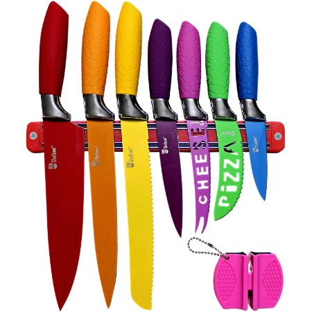 Kitchen Knife Set Plus Magnetic Strip and Sharpener by Chefcoo8482 Awesome Color Addition to your Cooking Cutlery Tools and Kitchen Gadgets Collection - Includes Cheese Pizza Paring Utility Slicer Bread and Chef Knives - Elegant Gift Packaging Design