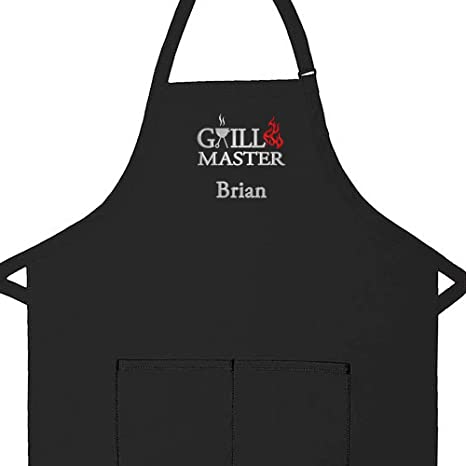 Personalized Apron Embroidered Grillmaster Design Add a Name, Made in The USA, Commercial Quality Adult Apron with Extra Long Ties, 2 Pockets and Adjustable Neckstrap (Black, Long 24" W x 34" L)