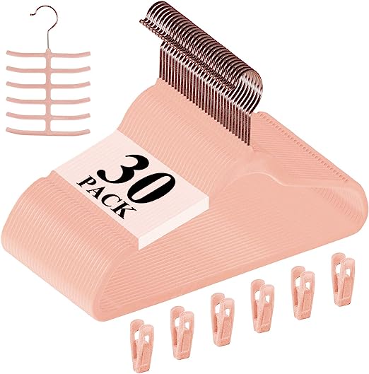 VECELO Premium Velvet Clothes Hangers Suit Heavy Duty (30 Pack)-Non Slip & Space-Saving with 6 Finger Clips & Tie Rack Excellent for Men and Women，Pink