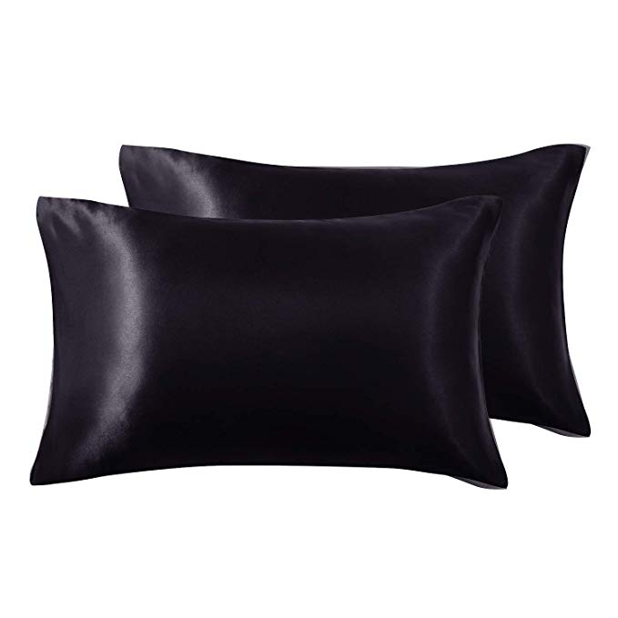 Love's cabin 2-Pack Satin Pillowcases Set for Hair and Skin Standard Size 20x26 Black Pillow Case with Envelope Closure (Anti Wrinkle,Hypoallergenic,Wash-Resistant)