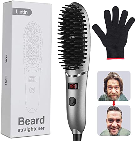 Lictin Beard Straightener Brush Comb for Men - Ionic Face Beard Hair Straightening Brush, Fast Heating 120°C-200°C and Quick Styling Comb with Heat Resistant Glove