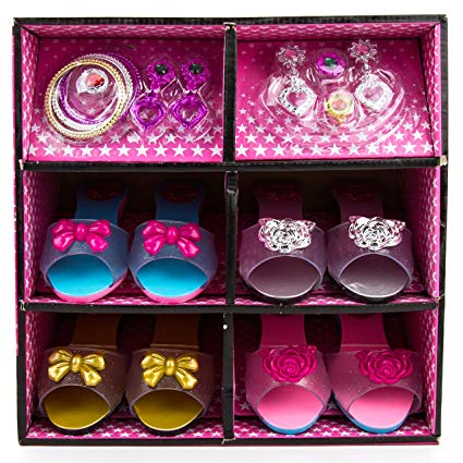 Toysery Fashion Girl Princess Dress Up & Play Shoe and Jewelry Boutique Play Set | Play Gift Set with 4 Pairs of Shoes, Earrings, Bracelets Rings | Shoes and Jewelry Boutique Toy Set for Kids