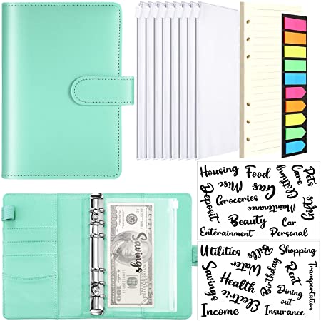 Zonon, A6 PU Leather Notebook Binder Cash Budget Planner Organizer 6 Ring Saving Binder Cover Envelopes 26 Categories Letter Sticker Label 8 Binder Pocket Loose Leaf Paper Neon Page Maker (Green)