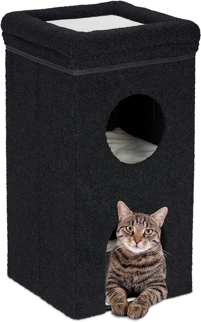 Relaxdays Cat Den, HxWxD: 76 x 40 x 40 cm, Foldable House with 3 Tiers, Pet Hideaway with Scratching Board, Black