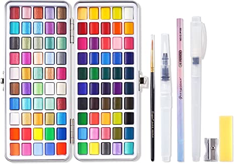 AXEARTE Watercolor Paint Set, 100 Colors in Metal Gift Box, Including Vivid, Metallic, Pearlescent and Fluorescent Colors, Travel Watercolor Set with Brush Pen for Kids Adults (100 COLORS)