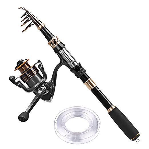 PLUSINNO Telescopic Fishing Rod and Reel Combos with Line Carbon Fiber Fishing Pole Portable Fishing Gear Stainless Steel Spinning Fishing Kit