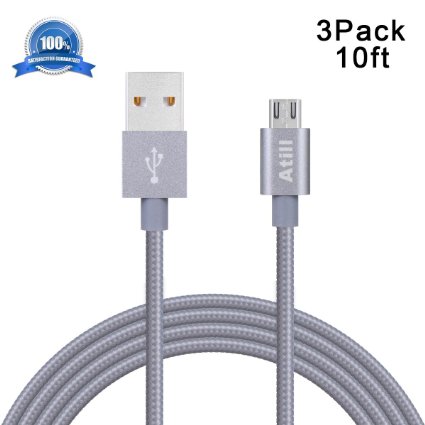 Atill 3Pack 10ft Premium High Speed USB 20 Fabric Braided Micro USB Cable Cord for Samsung Nexus LG Motorola Android Smartphones and MoreSpace Grey