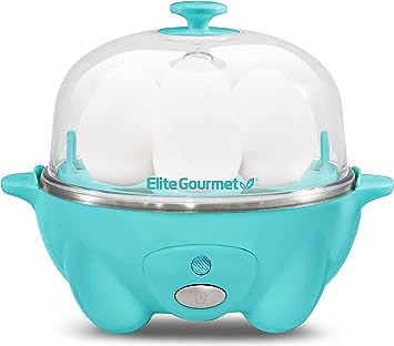 Elite Gourmet EGC-007T# Rapid Egg Cooker, 7 Easy-To-Peel, Hard, Medium, Soft Boiled Eggs, Poacher, Omelet Maker, Auto Shut-Off, Alarm, 16-Recipe Booklet, Teal