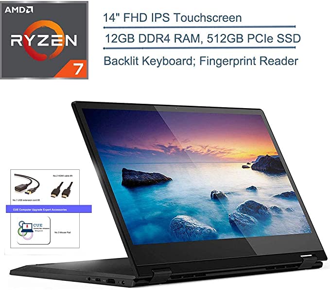 2020 Lenovo Flex 14 2-in-1 14” FHD Touchscreen Laptop Computer, AMD Ryzen 7 3700U Quad-Core (Beat i7-8565U), Windows 10,CUE Accessories (12GB DDR4 RAM, 512GB PCIe SSD)