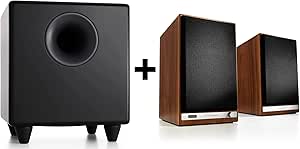 Audioengine HD6 Walnut Powered Bookshelf Stereo Speakers and S8 Black Subwoofer Bundle with Remote