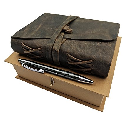LEATHER JOURNAL GIFT SET Handmade Writing Notebook 7 x 5 Inches Unlined Paper, Antique Bound Daily Notepad For Men & Women, Ideal Present with Box, Secret Pen Holder and Luxury Metallic Pen