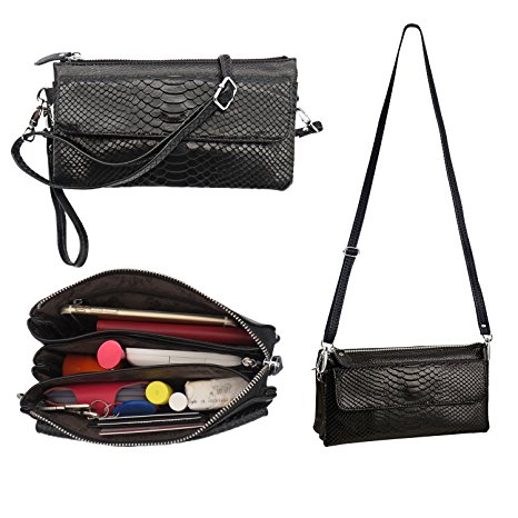 Shalwinn Women's Genuine Leather Crossbody Purse Shoulder bag Cellphone Pouch Purse Wristlet Wallet Clutch with Long Shoulder Strap and Wrist Strap