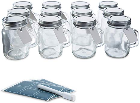 Glass Favor Jars with Lids and Handles 3.4oz - Mini Mason Jar Favors Bottles with Chalkboard Labels, Chalk Pen, Personalized Tags and String - [12pc Bulk Set] Spices, Candy