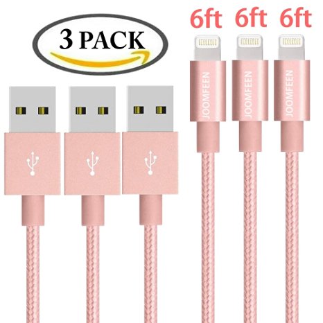 Lightning Cable, JOOMFEEN 3Pack 6FT Extra Long Nylon Braided 8pin USB Cord Charging Cable for iphone se,7,7 plus, 6s, 6s plus, 6plus, 6,5s 5c 5,iPad Mini, Air,Pro,iPod. (Rose Gold)