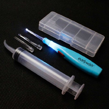 Earlywish Lighted Tonsil Stone Remover Tool, Blue, 3 Tips, Tonsillolith Pick Case   1 Irrigator Clean Curved Tip Syringe
