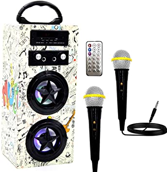 Kids Bluetooth Karaoke Machine with 2 Microphones, Wireless Rechargeable Remote Control Portable Karaoke Music MP3 Player Loudspeaker with Microphones for Kids Adults Home Party (Doodle Pattern)