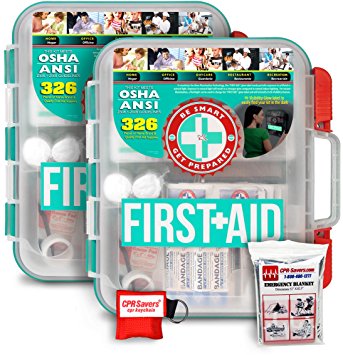 2 Pack First Aid Kit With Hard Case - 326 pcs each - First Aid Complete Care Kit - CPR Savers Keychain & Emergency Mylar Blanket