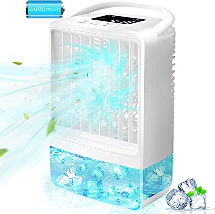 Portable Outdoor Air Conditioner Fan, EEIEER Personal Misting Humidifier Evaporative Air Cooler 3 Speeds 2/4H Timing 7 Colors Light Quiet Small Handled Table Fans for Home Bedroom Patios with Build in Battery
