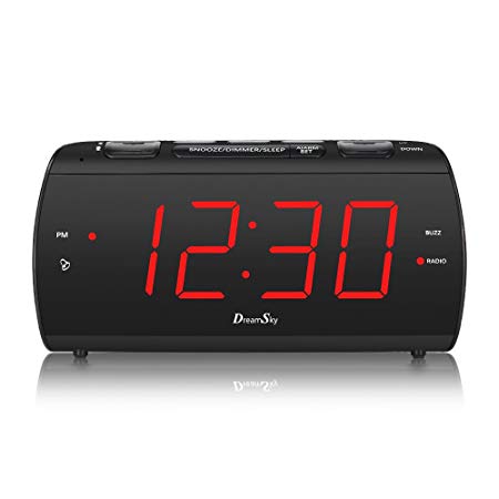 DreamSky Large Alarm Clock Radio with FM Radio and USB Port for Charging, 1.8" LED Digit Display with Dimmer, Snooze, Sleep Timer, Adjustable Alarm Volume, Headphone Jack, Outlet Powered