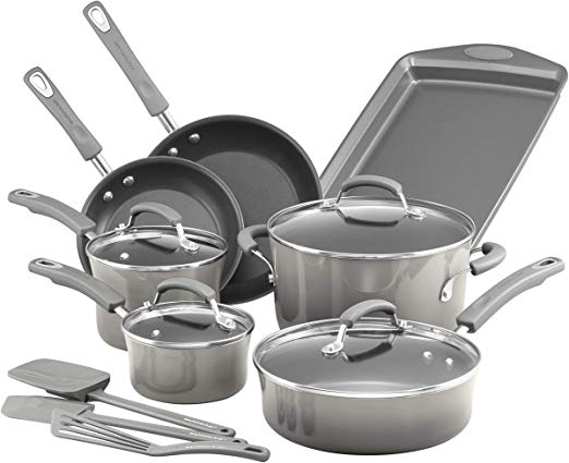 Rachael Ray 19019 Brights Nonstick Cookware Pots and Pans Set, 14 Piece, Sea Salt Gray