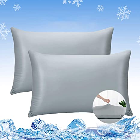 LUXEAR Pillowcases, 2 Pack Stretch Cooling Pillowcases Fit Standard & Queen Size Pillows with Japanese Cooling Fiber, Ultra-Elasticity & Cooling, Anti-Static Perfect for Hair/Skin, Night Sweat-Gray