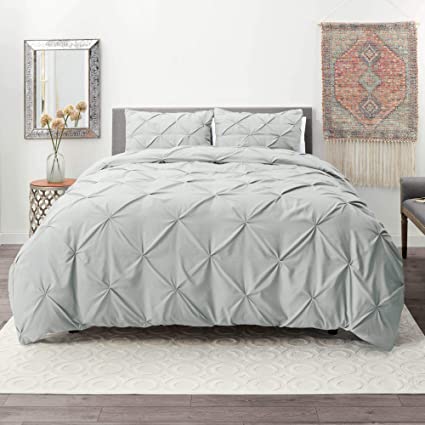 Nestl Pintuck Duvet Cover Set - Pintuck Comforter Cover - 3 Piece Pinch Pleat Duvet Cover with 2 Pillow Hems - Ultra Soft Microfiber - King - Silver