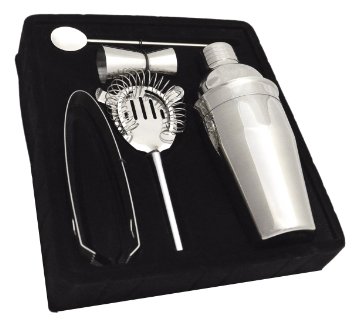 Stainless Steel Cocktail Shaker Set - 5pc Bar Set with FREE MUDDLER for limited time - Cocktail Shaker - Strainer - Jigger - Tongs - Bar Spoon (18.5 oz)