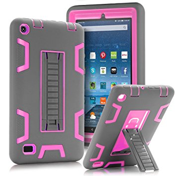 TOPSKY Fire 7" (2015 release) Case,[Kickstand Feature],Shock-Absorption / High Impact Resistant Heavy Duty Armor Defender Case For Amazon Fire 7 Inch Tablet,with Stylus, Grey/Pink