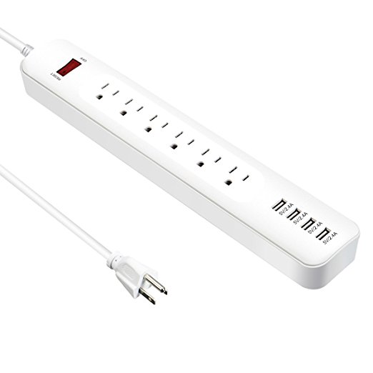 Power Strip, ELEGIANT 6-Outlets Power Strip 4-High-Speed USB Ports(Max3.4A) with 6-Foot Cord Wall Mountable Charging Station for iPhone, iPad, Samsung Home & Hotel