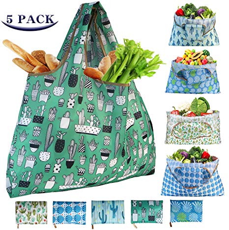 Reusable Grocery Bags Shopping Bags Foldable Washable 55LBS XX-Large Heavy Duty Cloth Shopping Bags Eco-Friendly Ripstop Waterproof Fits in Pocket, 5-Pack Cute Cactus Printing