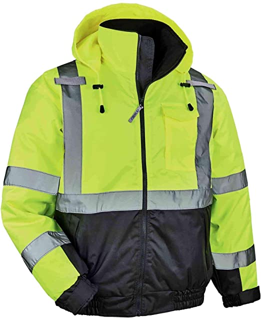 High Visibility Reflective Winter Bomber Jacket, Black Bottom, ANSI Compliant, Ergodyne GloWear 8377, Lime, Large