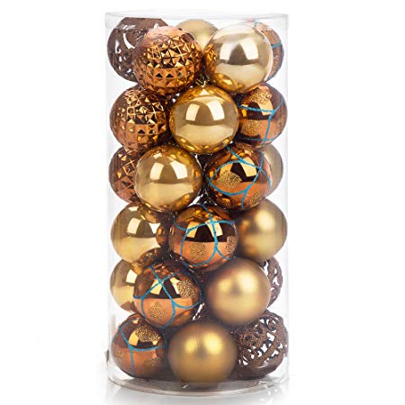 iPEGTOP Shatterproof Christmas Ball Ornaments - 30ct 60mm/2.4" Gold Shiny Matte Glitter and Pierced Christmas Tree Balls Baubles for Festival Party Decorations