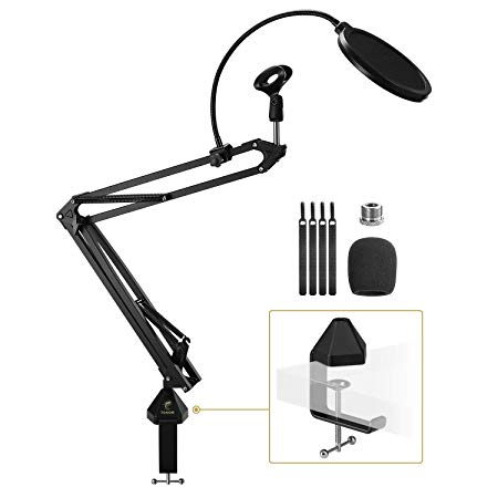 Microphone Arm Stand, TONOR Adjustable Suspension Boom Scissor Mic Stand with Pop Filter, 3/8" to 5/8" Adapter, Mic Clip, Upgraded Heavy Duty Clamp for Blue Yeti Nano Snowball Ice and Other Mics(T20)