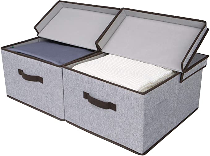 StorageWorks Storage Baskets with Lid and Handles, Decorative Storage Boxes with Lids, Gray, 2-Pack